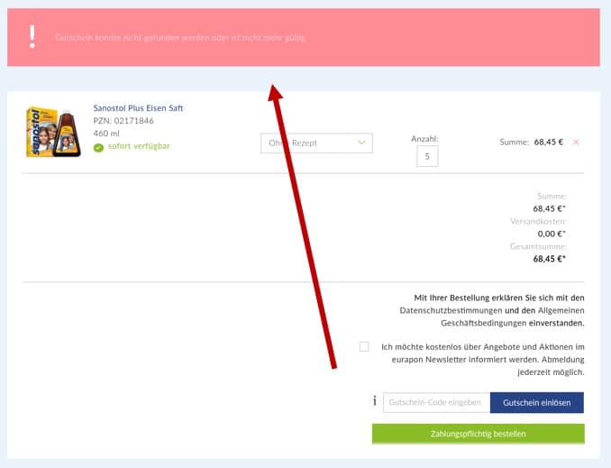 eurapon Gutschein einlösen Fehlermeldung
